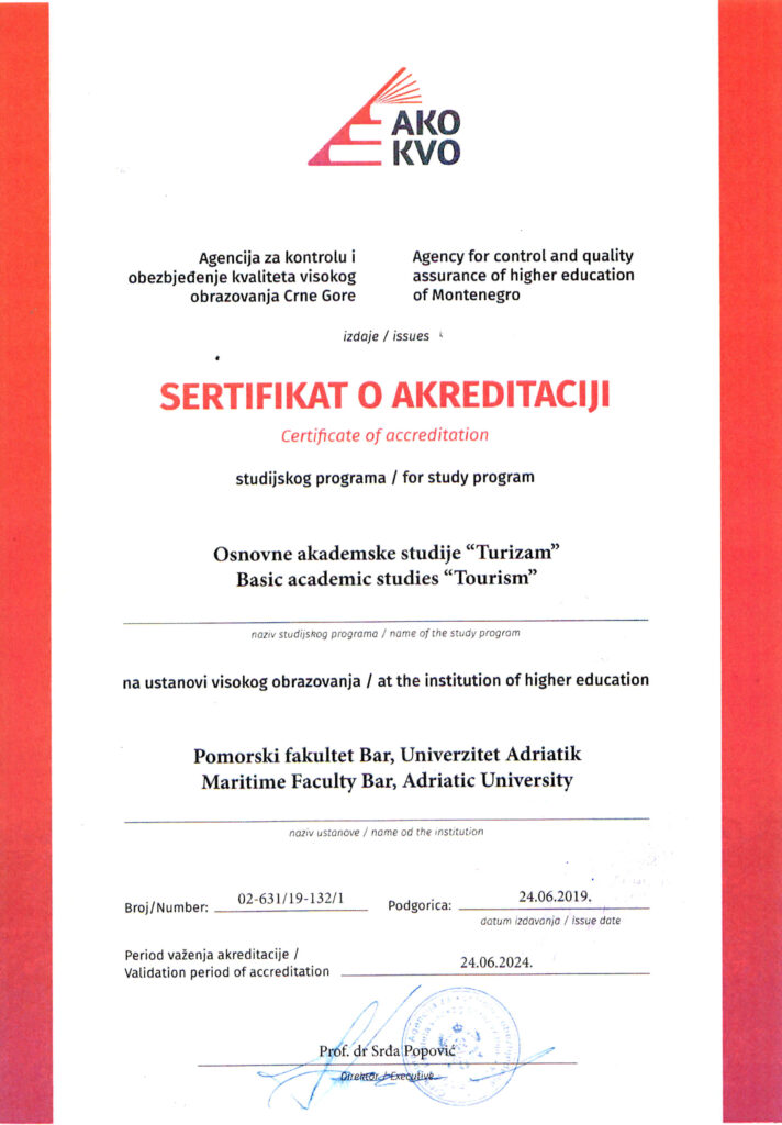 FPTBar sertifikat o akreditaciji studijskog programa Turizam